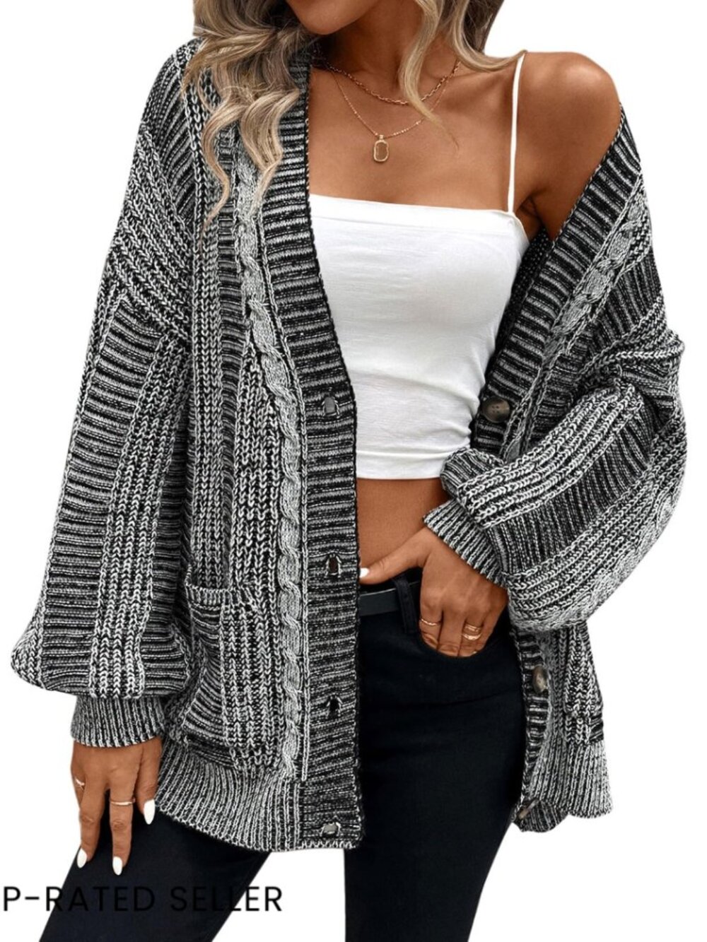 Oversized Cable Knit Cardigan Sweater Long Sleeve V-Neck Pockets Chic